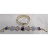 SILVER AGATE SET BRACELET AND SILVER BANGLE WITH DECORATIVE ENGRAVED FRONT