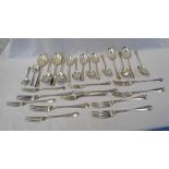 6 SILVER DESSERT FORKS, 6 SILVER DESSERT SPOONS, 8 SILVER TABLE SPOONS, 6 SILVER TABLE FORKS,