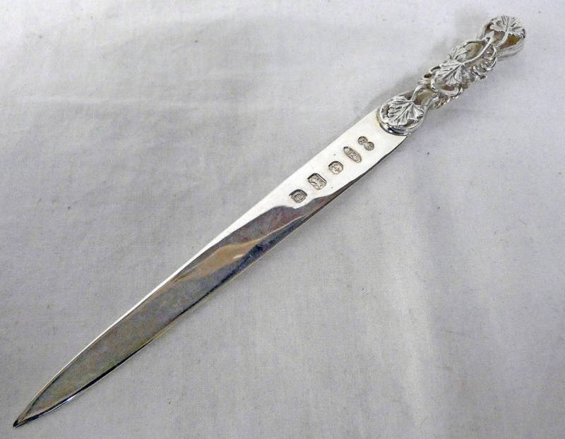 SILVER PAPER KNIFE WITH PIERCED FLORAL HANDLE,