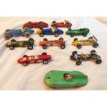 SELECTION OF PLAYWORN CORGI & DINKY RACING CARS INCLUDING CONNAUGHT, TALBOT LAGO,