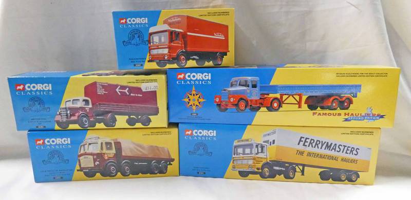 FIVE CORGI CLASSIC MODEL VEHICLES INCLUDING 1620 -SCAMMELL HIGHWAYMAN DROPSIDE TRAILER,