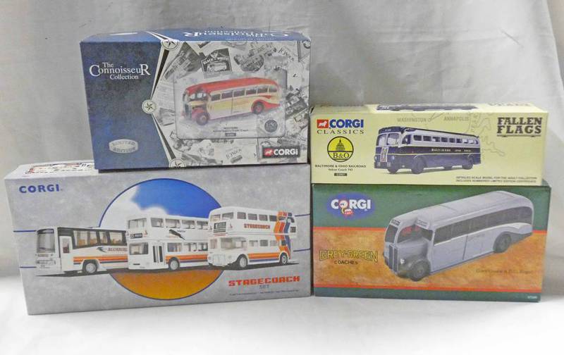 FOUR CORGI MODEL BUSES INCLUDING 53907 - BALTIMORE & OHIO RAILROAD, YELLOW COACH 743,