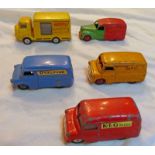 5 PLAYWORN DINKY AND CORGI VANS INCLUDING BEDFORD 'QUALTINE VAN' AUSTIN 'SHELL' VAN,