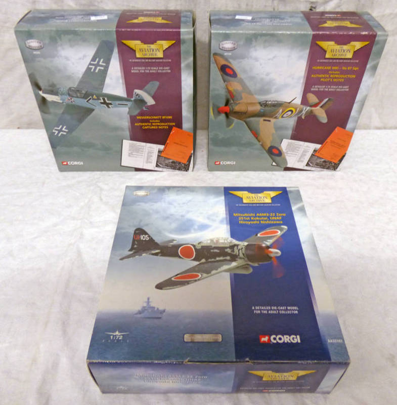 3 CORGI MODEL AIRCRAFT FROM THE AVIATION ARCHIVE RANGE INCLUDING AA33102 - MITSUBISHI A6M3-22 ZERO