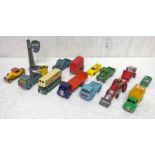 SELECTION OF PLAYWORN DINKY, CORGI, MATCHBOX, ETC, MODEL VEHICLES INCLUDING GUY FLATBED LORRY,