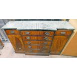 MAHOGANY SIDEBOARD WITH SHAPED MARBLE TOP OVER 5 CENTRALLY SET DRAWERS FLANKED BY DRAWERS AND PANEL