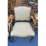 LATE 19TH CENTURY BEECH OPEN ARMCHAIR ON CABRIOLE SUPPORTS