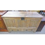 19TH CENTURY TRIPLE PANEL OAK COFFER WITH 2 DRAWERS 74CM TALL & FALL FRONT