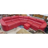 RED LEATHER SETTEE & STOOL Condition Report: Worn in places, cracking to leather,