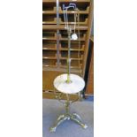 20TH CENTURY BRASS TELESCOPIC STANDARD LAMP WITH MARBLE SHELF & SHAPED SPREADING SUPPORTS
