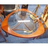 20TH CENTURY TEAK TRIANGULAR COFFEE TABLE WITH GLASS INSERT,