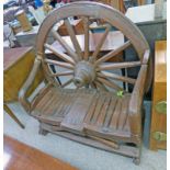 ARTS & CRAFTS RUSTIC GARDEN BENCH WITH 19TH CENTURY CART WHEEL BACK 126CM TALL