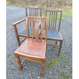 OAK OPEN ARMCHAIR & TWO OAK DINING CHAIRS