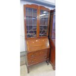 OAK ARTS & CRAFTS STYLE LEADED GLASS BUREAU BOOKCASE WITH 2 GLASS DOORS OVER FALL FRONT WITH 2