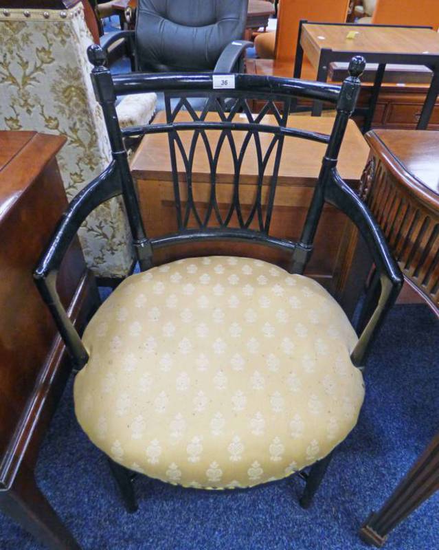 LATE 19TH CENTURY EBONISED OPEN ARMCHAIR ON TURNED SUPPORTS 84CM TALL