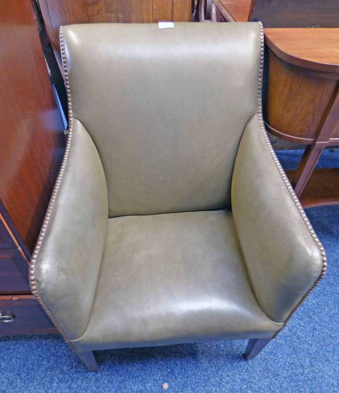 19TH CENTURY LEATHER TUB CHAIR ON SQUARE TAPERED SUPPORTS Condition Report: Very top