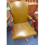 GREEN LEATHER & MAHOGANY SWIVEL OFFICE ARMCHAIR 98CM TALL