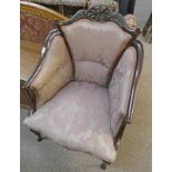 LATE 19TH OR EARLY 20TH CENTURY MAHOGANY FRAMED ARMCHAIR ON SHAPED SUPPORTS