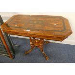 VICTORIAN INLAID WALNUT OCTAGONAL TURNOVER CARD TABLE WITH TURNED COLUMNS & SPREADING SUPPORTS 73