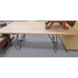 OAK KITCHEN TABLE ON WROUGHT IRON METAL SUPPORTS 180CM LONG Condition Report: Light