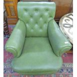 GREEN LEATHER ARMCHAIR ON TURNED SUPPORTS 85 CM TALL Condition Report: Various