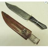 BOWIE KNIFE WITH 23CM CLIPPED BACK BLADE STAMPED WITH AN ALLIGATOR WOODEN GRIPS AND LEATHER
