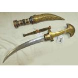 NORTH AFRICAN JAMBIYA WITH 24CM LONG BLADE WITH WRITING AND BRASS GRIP AND 2 OTHER KNIFES -3-