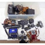 CAMERAS AND EQUIPMENT TO INCLUDE A CANON AT-1 WITH 50MM LENS, ILFORD SPORTSMAN CAMERA,