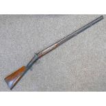 A PERCUSSION SPORTING GUN WITH 82CM LONG BROWNED 2 STAGE BARREL MARKED TO TOP FLAT 'HORSEBRIDGE',