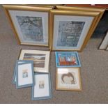 3 FRAMED NUMBERED ETCHINGS, FRAMED PICTURE BO'S BAKERY, FRAMED BATIK OF CRESCENT MOON,