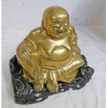 BRASS BHUDDHA ON HARDWOOD STAND OVERALL HEIGHT 33 CMS