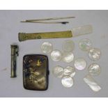 JAPANESE METAL CASE WITH FLORAL & SWALLOW DECORATION, MOTHER OF PEARL COUNTERS,