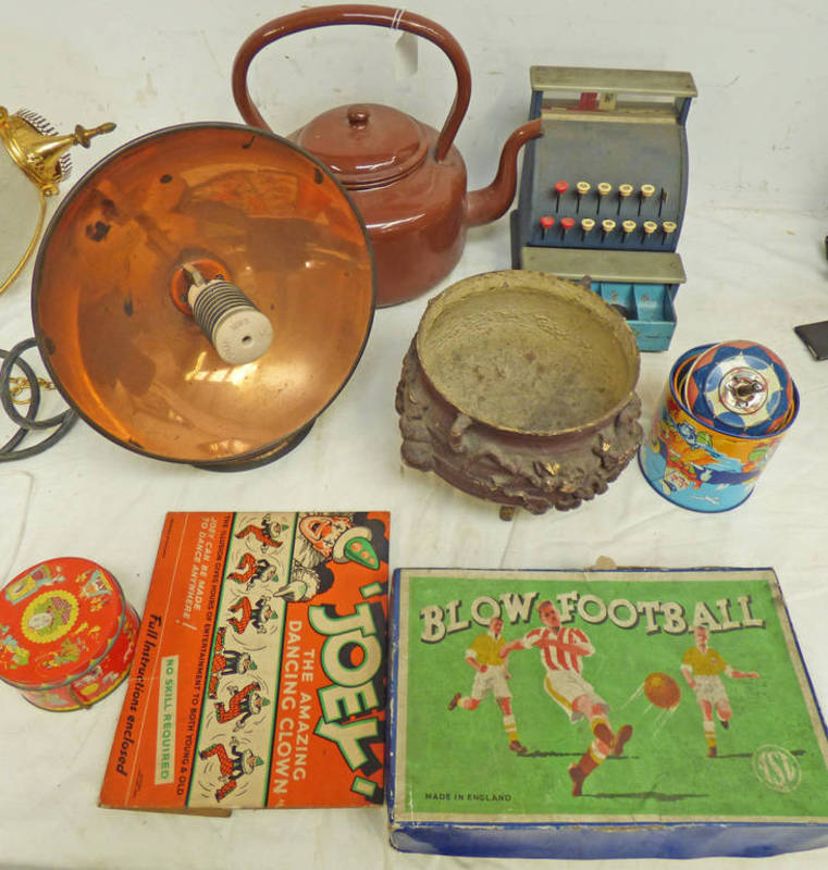 VARIOUS TINPLATE TOYS, INTERESTING CAST IRON POT,