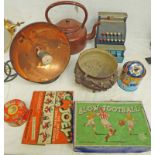 VARIOUS TINPLATE TOYS, INTERESTING CAST IRON POT,