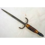 ANTLER HANDLED DAGGER WITH 19CM LONG POINTED BLADE, UPWARD POINTING GUARD AND TURNED METAL POMMEL,