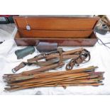 LEATHER AND METAL QUIVER STAMPED W JAMIESON BRECHIN, LEATHER BRACER, LEATHER FINGER PROTECTOR,