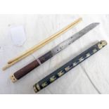 ORIENTAL CHOP STICKS SET, PAIR OF BONE STICKS, WOODEN HANDLED KNIFE WITH TWO FULLERS,