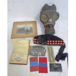 GAS MASK, GLENGARRY, SOLDIERS SERVICE AND PAY BOOK FOR A 3062666 BISHOP OF THE ROYAL SCOTS,