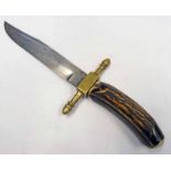 STAG HANDLED BOWIE STYLE KNIFE WITH 18CM LONG CLIP POINT BLADE MARKED 'H A LTD U.S.
