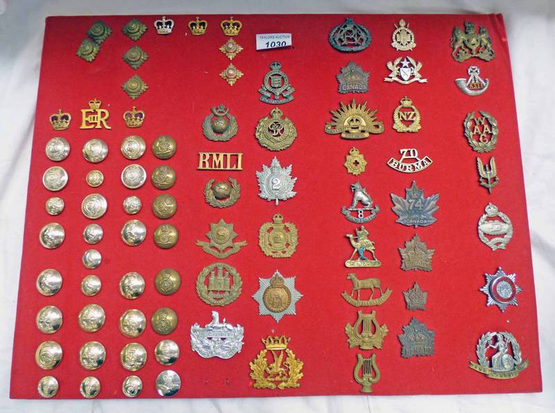 GOOD SELECTION OF CAP BADGES AND BUTTONS TO INCLUDE THE OVERSEAS CANADA,