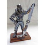 PLATED FIGURE OF AN AVIATOR/PILOT ON A WOODEN PLINTH WITH FLIP OVER HEAD REVEALING A LIGHTER,