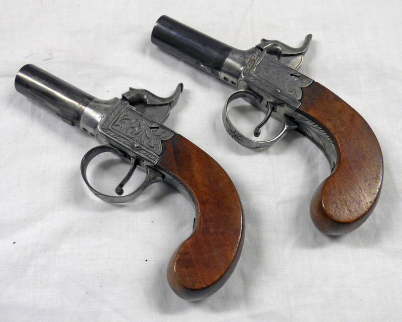 PAIR OF 54-BORE PERCUSSION BOX LOCK POCKET PISTOLS, ONE SIGNED HUGGINS, BOTH WITH 4.