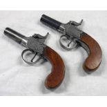 PAIR OF 54-BORE PERCUSSION BOX LOCK POCKET PISTOLS, ONE SIGNED HUGGINS, BOTH WITH 4.