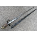 FRENCH BAYONET WITH WOODEN & BRASS HANDLE DATED 1876 STAMPED & ETCHED 52 CM