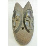 WEST AFRICAN CARVED WOODEN MASK OF 2 FACES WITH ORNATE CARVED HAIR 31.