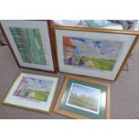 TWO FRAMED KENNETH REED 130TH OPEN CHAMPIONSHIP PRINTS AND TWO FRAMED GOLF PRINTS