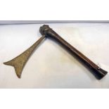 INTERESTING TRIBAL AFRICAN AXE WITH FISH TAIL SHAPED BLADE 19CM LONG AND CARVED WOODEN SHAFT 32CM