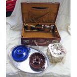 SUITCASE WITH FITTED INTERIOR CONSISTING OF CHROME AND GLASS BOTTLES, BRUSH ETC,