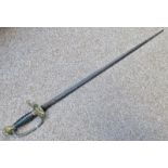 CONTINENTAL ARTILLERY OFFICERS SWORD WITH 80CM LONG FULLERED BLADE, COPPER GILT HILT,