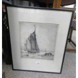 FRAMED ETCHING THE FISHING FLEET SIGNED IN PENCIL - 30 CM X 28 CM Condition Report:
